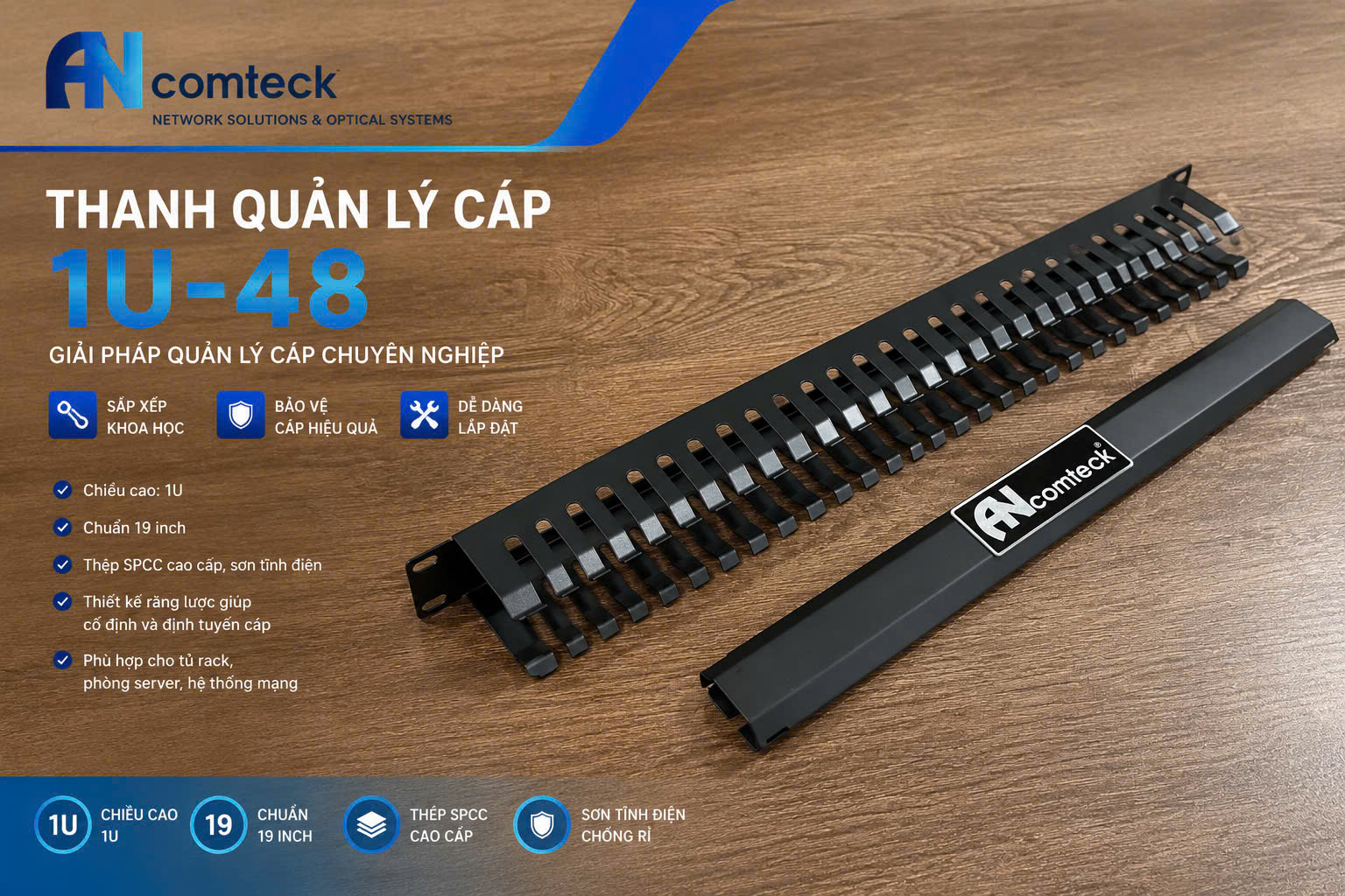 Thanh quản lý cáp ngang 1u 48 cổng lắp rack 19'' ACT-19481U, hiệu Ancomteck